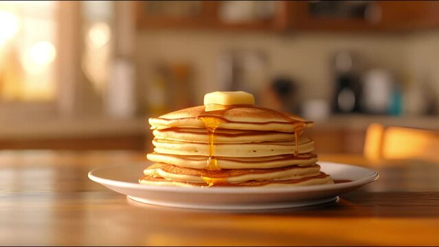 Stack of pancakes with syrup and butter on a white plate.