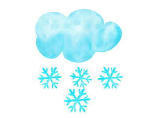Hand-drawn watercolor illustration of clouds and snowflakes isolated on a white background.