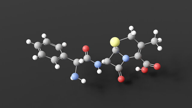 cefalexin molecule 3d, molecular structure, ball and stick model, structural chemical formula cephalexin