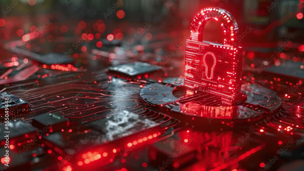 Aufkleber a close-up of a glowing red digital lock on a circuit board with red lights.