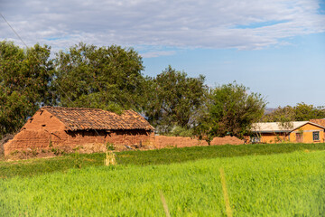 Obraz premium An old house built of adobe bricks in the middle of a mountain, in a meadow of crops.