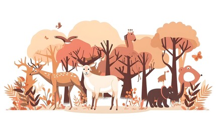 Obraz premium Vector illustration of forest animals in autumn season. Cute wild deer, gazelle, antelope, deer, hedgehog, hedgehog, squirrel, deer, hippopotamus, deer.