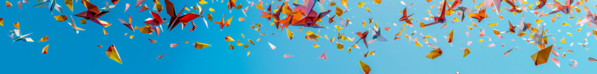 Burst of Floral Petals and Origami Shapes in a Blue Sky