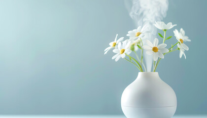 White ceramic vase with fresh daisies and steam against a soft blue background, creating a tranquil and elegant decor setting.