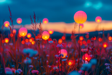 A field of flowers with many glowing lights in the middle