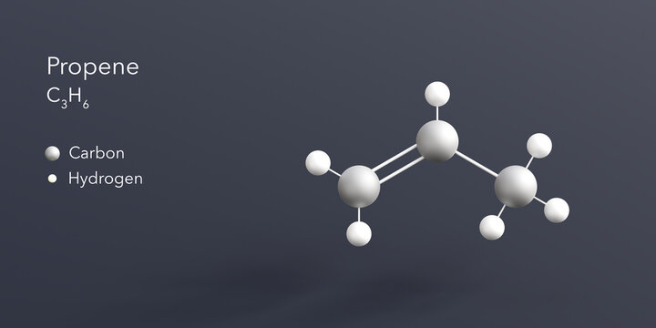 propene molecule 3d rendering, flat molecular structure with chemical formula and atoms color coding