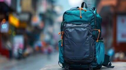 Obraz premium A blue and gray backpack sits on a table in front of a building