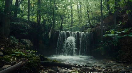 Obraz premium A waterfall is flowing in a forest. The water is clear and the trees are green. The scene is peaceful and serene