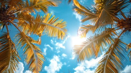 Fototapeta premium A sunny tropical background with palm trees and a blue sky. A view from below,
