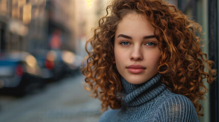 Young woman with curly hair in turtleneck on city street background