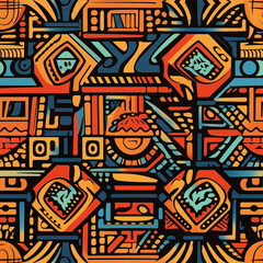 A vibrant, colorful tribal pattern with geometric shapes and intricate patterns in the style of African art. The design includes bold colors like reds, blues, yellows and greens