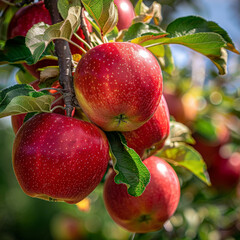 Obraz premium Fresh Ripe Red Apples on Tree Branch with Green Leaves in Orchard Close-Up