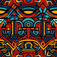 A vibrant, colorful tribal pattern with geometric shapes and intricate patterns in the style of African art. The design includes bold colors like reds, blues, yellows and greens