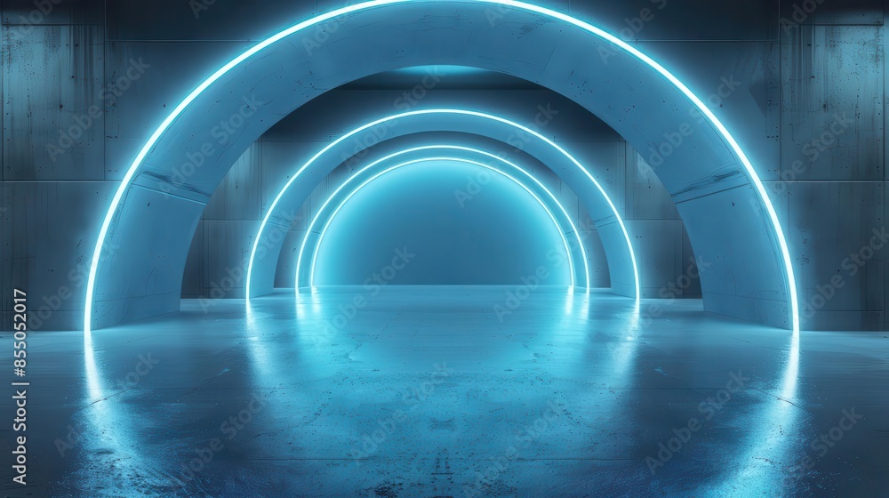 Poster abstract futuristic arch architecture with neon light and empty concrete floor