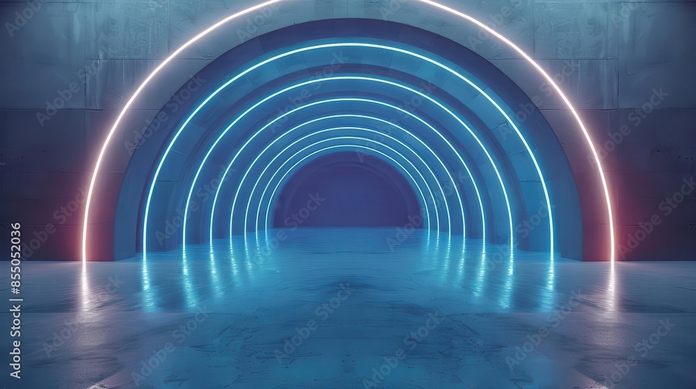 Aufkleber abstract futuristic arch architecture with neon light and empty concrete floor