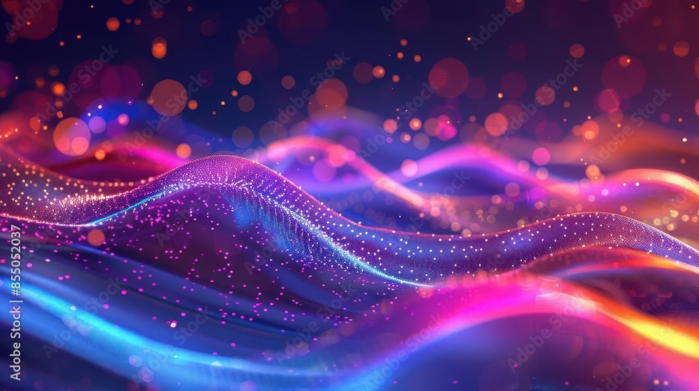 Poster abstract futuristic background with neon waves and bokeh lights data transfer concept