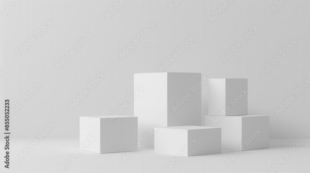 Poster abstract minimalist composition with solid white cubes on plain background