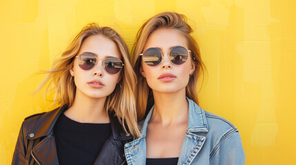 Two long-haired blonde women in sunglasses and denim jackets pose for a photo on a yellow wall. The scene is casual and fun, as the women are dressed in comfortable clothes and smiling for the camera.