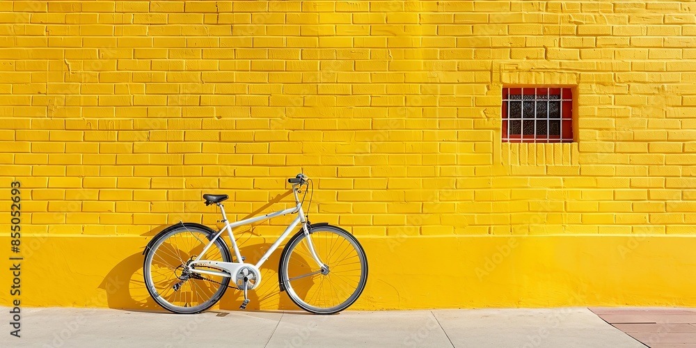 Wall mural vivid yellow brick wall with bicycle in urban landscape