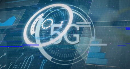 Image of 5g text, scope scanning and data processing over blue background