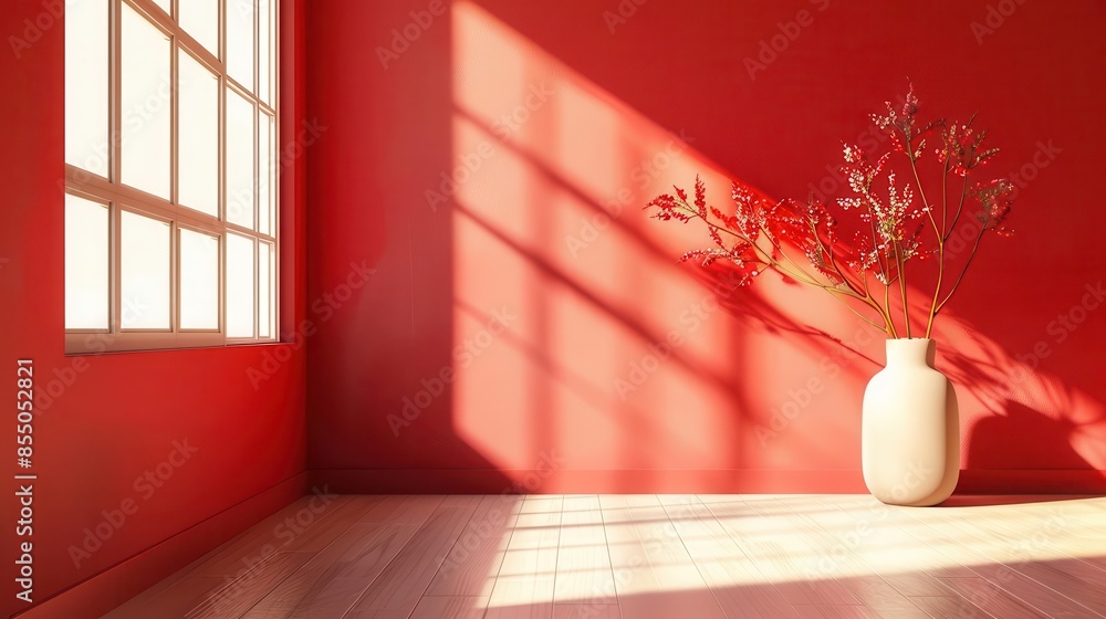 Poster abstract red gradient interior with vase on table by window