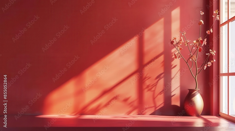 Poster abstract red gradient interior with vase on table by window