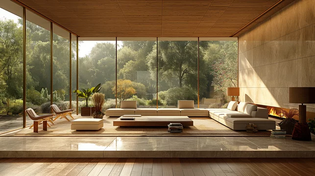 A super realistic editorial photo of a large living room, with large windows, ziarat marble tile floors, wooden ceiling planks, white soft painted finished concrete walls.
