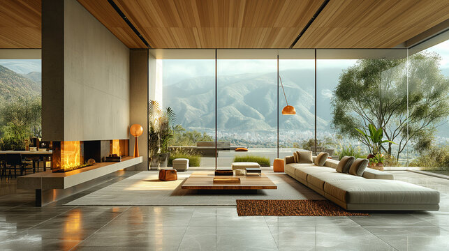 A super realistic editorial photo of a large living room, with large windows, ziarat marble tile floors, wooden ceiling planks, white soft painted finished concrete walls.