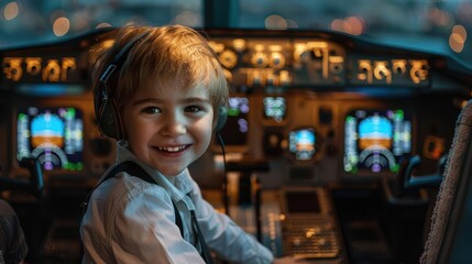 adorable child pilot beams with joy in cockpit dreaming of future aviation career candid portrait