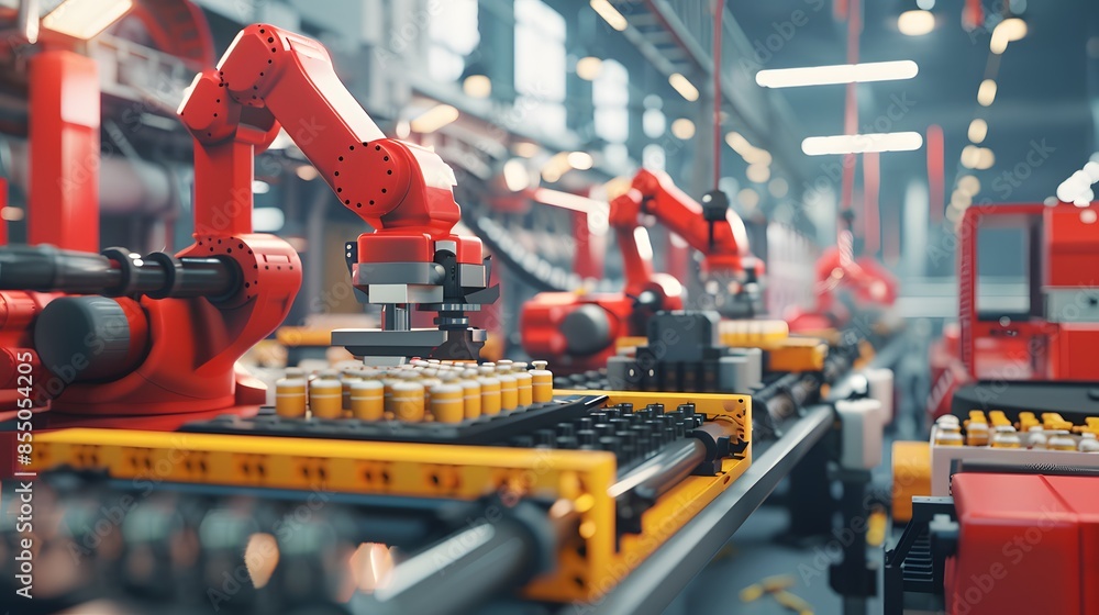 Poster a factory with robots working on a conveyor belt. the robots are orange and are working on a metal s