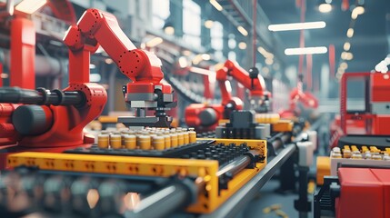 Fototapeta premium A factory with robots working on a conveyor belt. The robots are orange and are working on a metal sheet