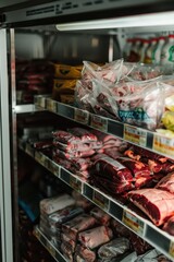 Different types of frozen meat arranged on the shelves of an open freezer