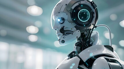 Fototapeta premium A robot is standing in a room with a computer monitor. The robot is white and has a black face. The room is filled with various objects such as a keyboard, a mouse, and a few books