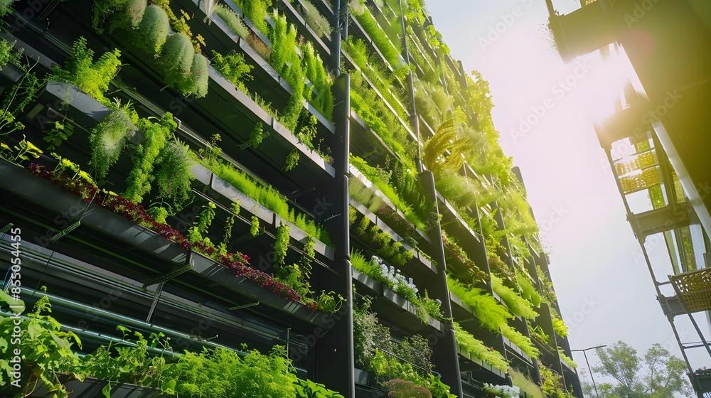 Poster a tall building with green plants growing on it. the building is surrounded by trees and has a lot o