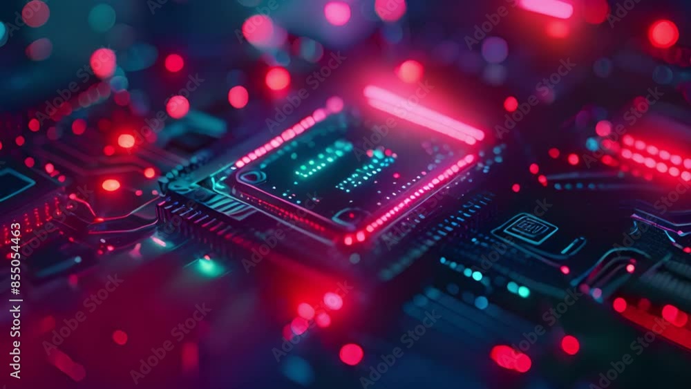 Poster a close-up shot of a circuit board with a glowing red magnet symbol in the center, surrounded by oth