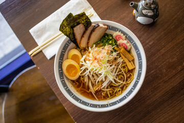 Bowl of Japanese style ramen overhead