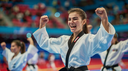 Karate athletes raise their hands after winning the match, wearing white karate uniforms complete with black belts, Ai generated Images