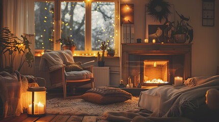 Fototapeta premium A cozy living room with a fireplace and a rug. The room is lit with candles and has a warm, inviting atmosphere