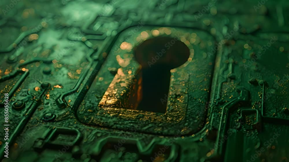 Poster close-up of a golden keyhole on a green circuit board showcasing the intricate electronics with smoo
