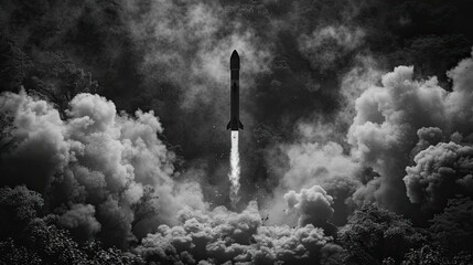 a black and white photo of a rocket taking off into the sky with smoke and clouds around it and a black background with white clouds. generative ai 