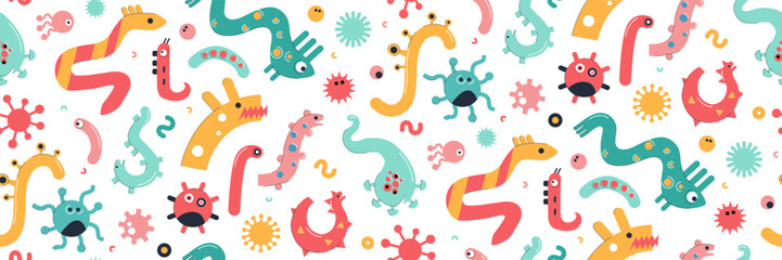 Playful Illustration of Microbes, Virus, Germs Bacteria Microorganisms Seamless Pattern
