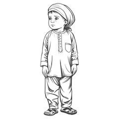 muslim little boy with engraving style black color only