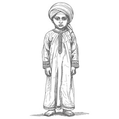 muslim little boy with engraving style black color only