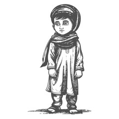 muslim little boy with engraving style black color only