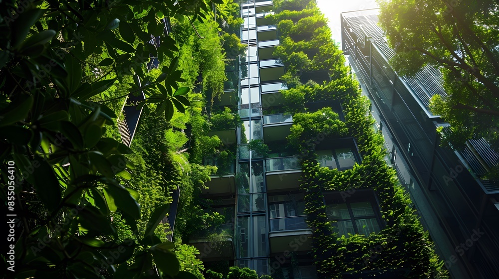 Poster a tall building with green plants growing on it. the building is surrounded by trees and has a lot o