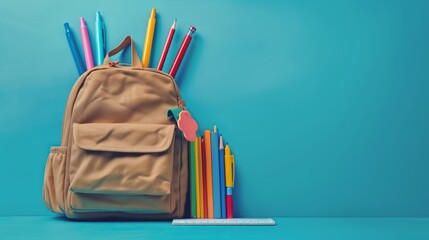 Colorful Back-to-School Backpack With Stationery and Supplies on Blue Background