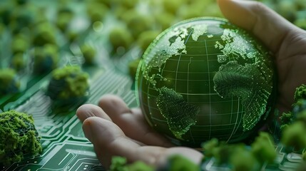 A small green globe is sitting on a patch of green grass. Concept of harmony and balance between nature and the environment