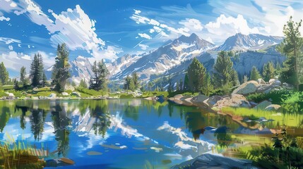 Fototapeta premium alpine oasis majestic high mountain lake reflecting serene landscape digital painting