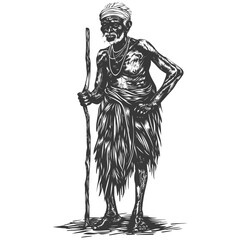 native African tribe elderly man with engraving style black color only