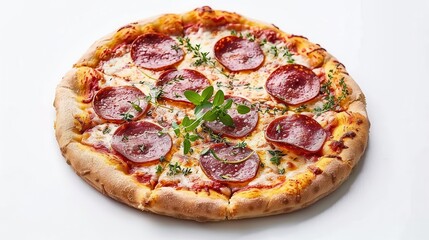 appetizing pepperoni pizza with melted cheese and herbs isolated food photo